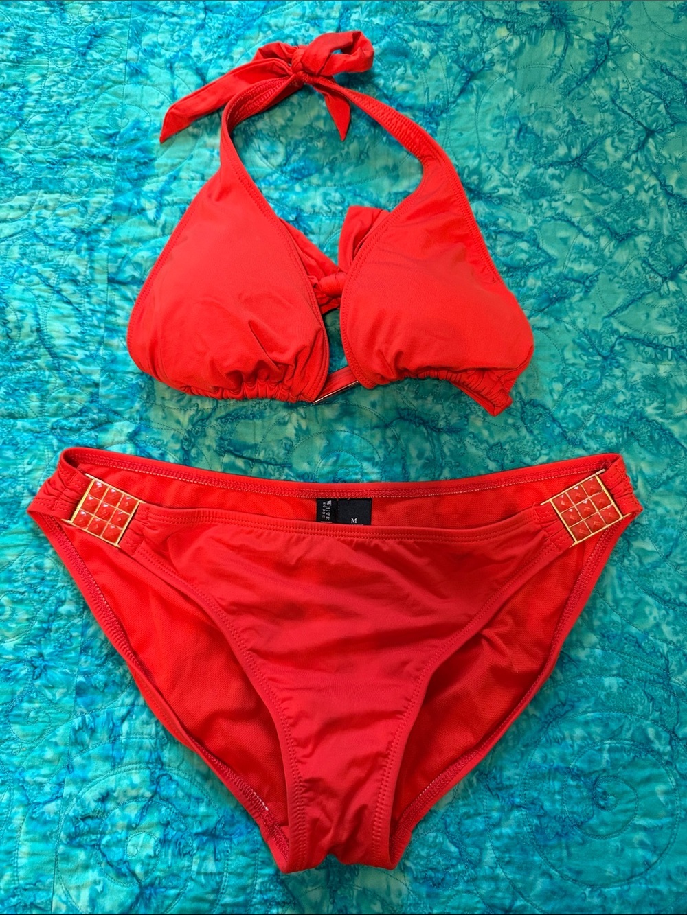 White House Black Market coral Halter Bikini with Gold Accents
